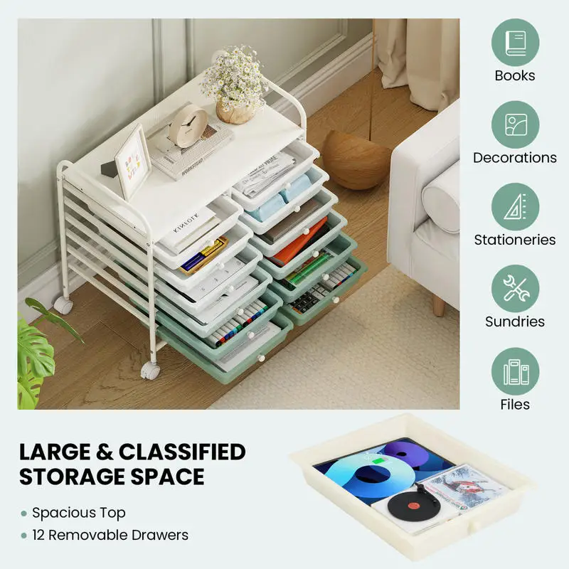 

12 Drawers Rolling Storage Cart for Home and Office-Green Gradient