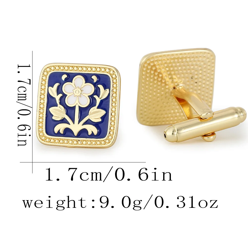 Vintage Enamel Floral Cufflinks Gold Blue Contrasting Square Cufflinks Men's Business Dress Shirt Accessories Decoration