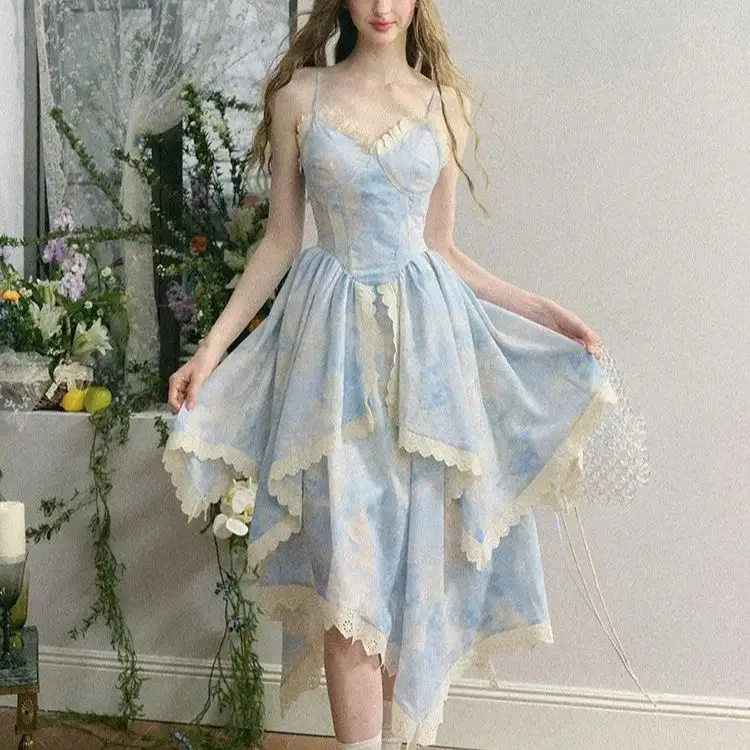 Strap Dress Irregular Floral Blue French Waist Plus Size 2024 Summer New Gentle New Sweet Holiday Dress