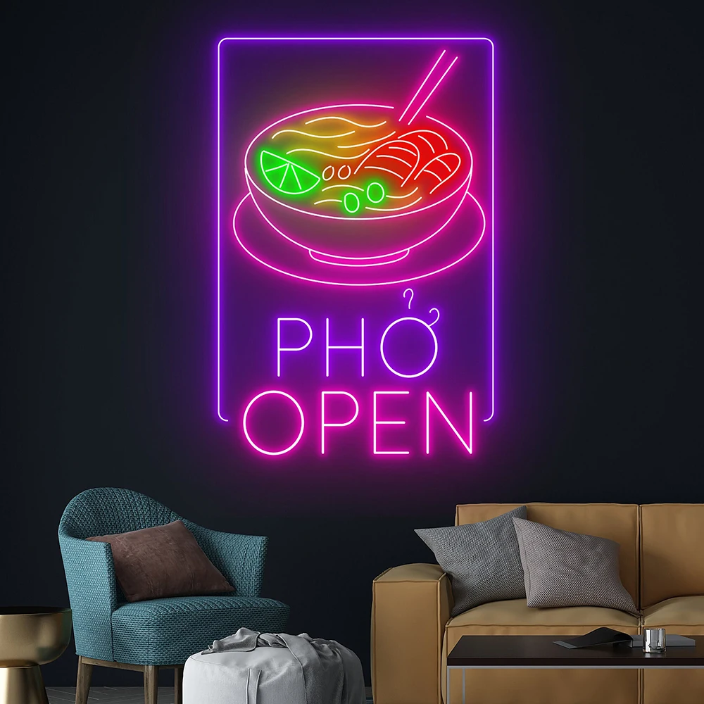 Phở Open Neon Sign Pho Real Restaurant Decoration Custom Neon Sign Vietnamese Traditional Food Shop Wall Decor LED Neon Light