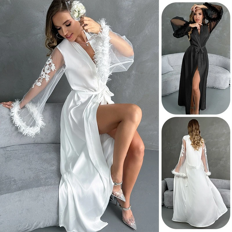 

Сексуальная пижама в стиле пэчворк, сетчатое украшение с перьями, черно-белая двухцветная длинная одежда для сна