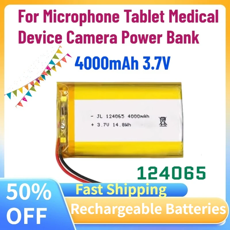 New 124065 4000mAh 3.7V Polymer Lithium‑ion Battery for Microphone Tablet Medical Device Camera Power Bank Replacement Battery