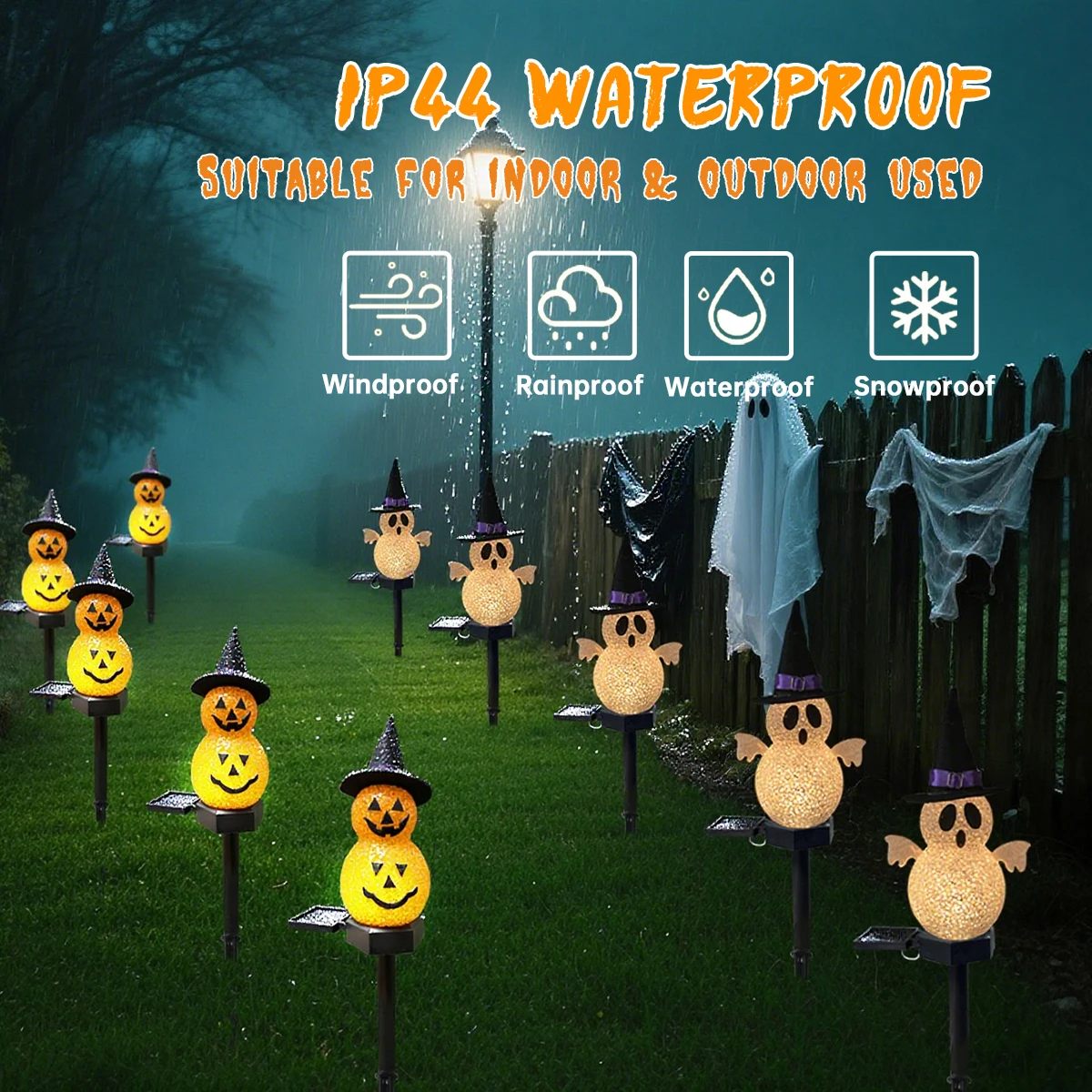 1pc Halloween Solar Stake Light 3D Spooky Double Rice Pumpkin & Ghost Portable Path Light Suitable For Home Garden Pathway Decor