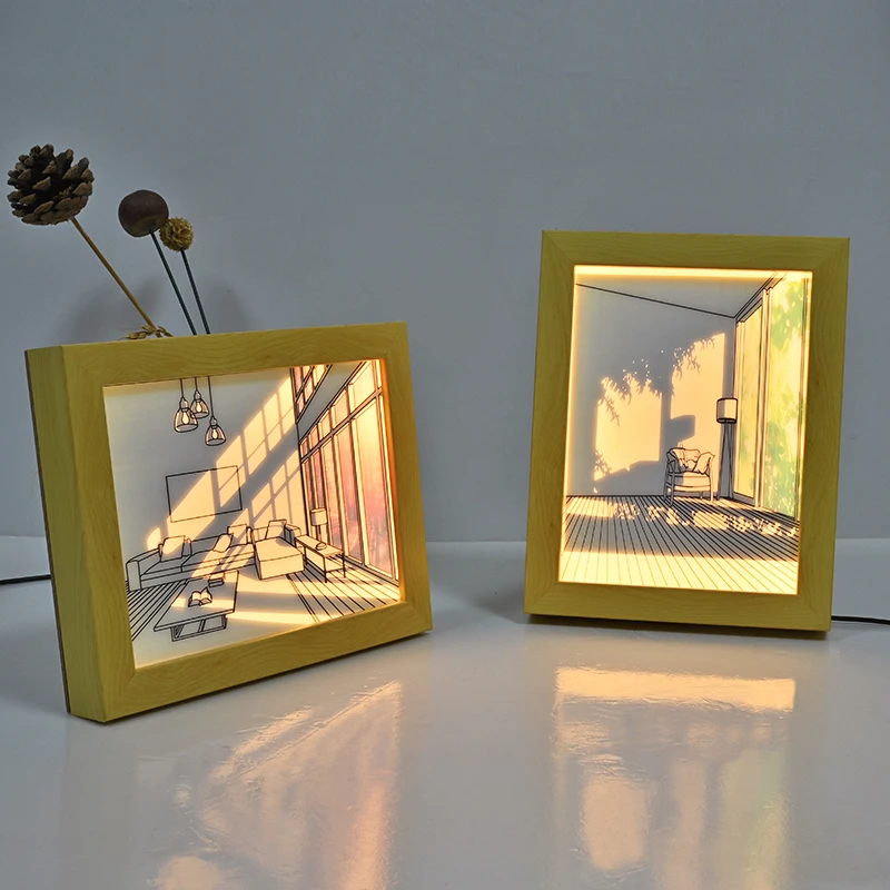 INS Style Light Deco Painting LED Modern USB Plug-In Model Wall Artwork, interior, luz solar, ventana, marco de fotos de madera, lámpara de pared cálida