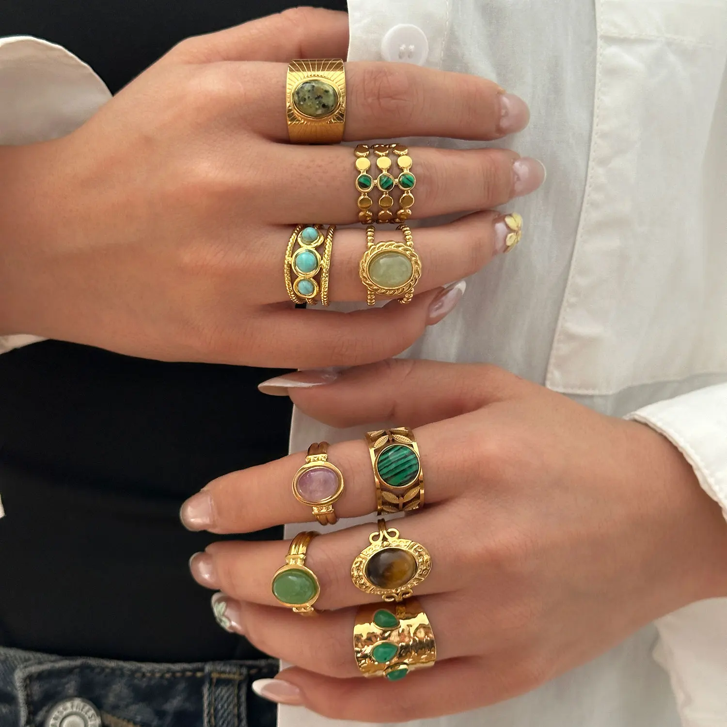 Vintage Naturstein Edelstahl-Ringe für Damen und Herren Trendige Vergoldete Hohle Geometrische Ringe Finger-Accessoires Schmuck – Detail 4