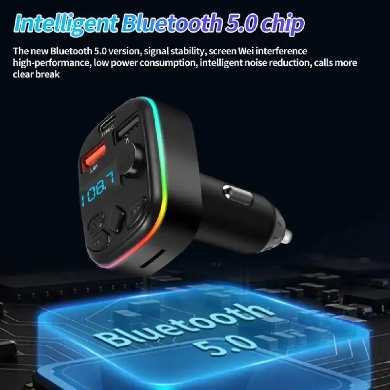 Car Bluetooth 5.0 FM Transmitter Handsfree Call Cigarette Lighter Adapter PD 20W Type-C Dual USB 3.4A Fast Charger Ambient Light