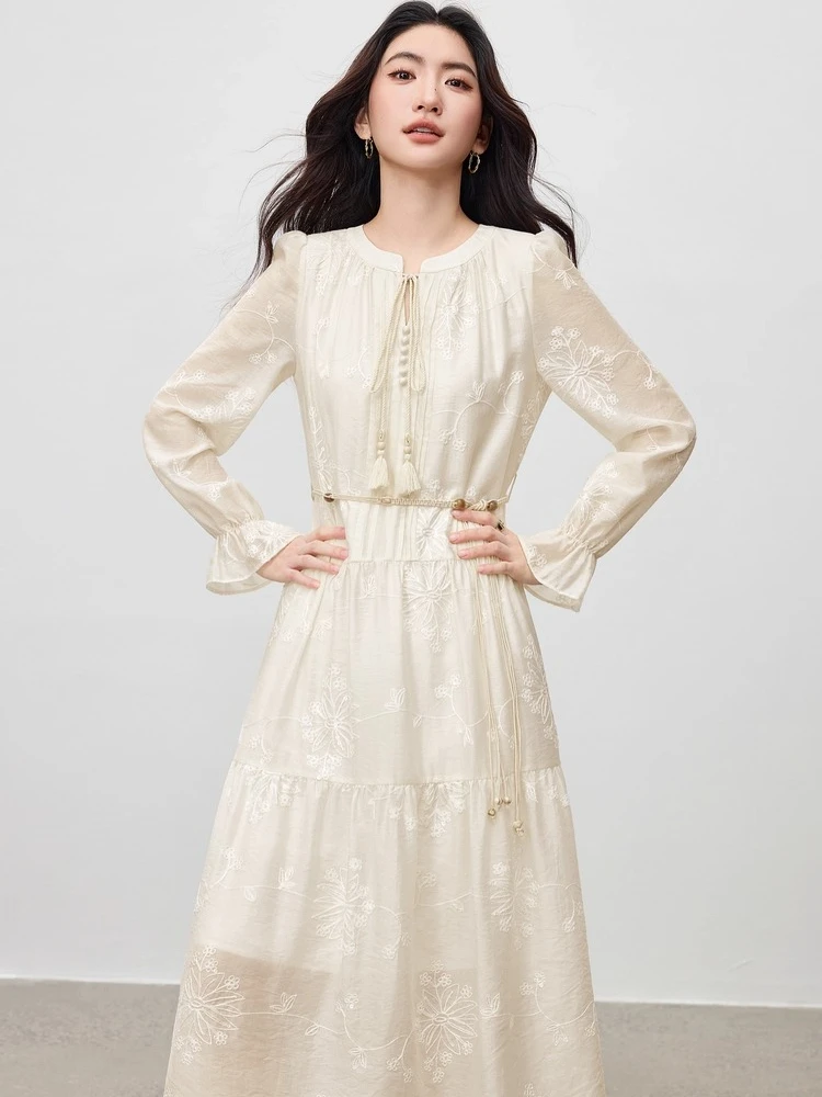 SENTUBILA Elegancka sukienka z lyocellu dla kobiet, kolekcja jesień 2025, sukienki o kroju litery A z długim rękawem, dekolt okrągły, bufiaste rękawy, luźne sukienki Q53LI3927