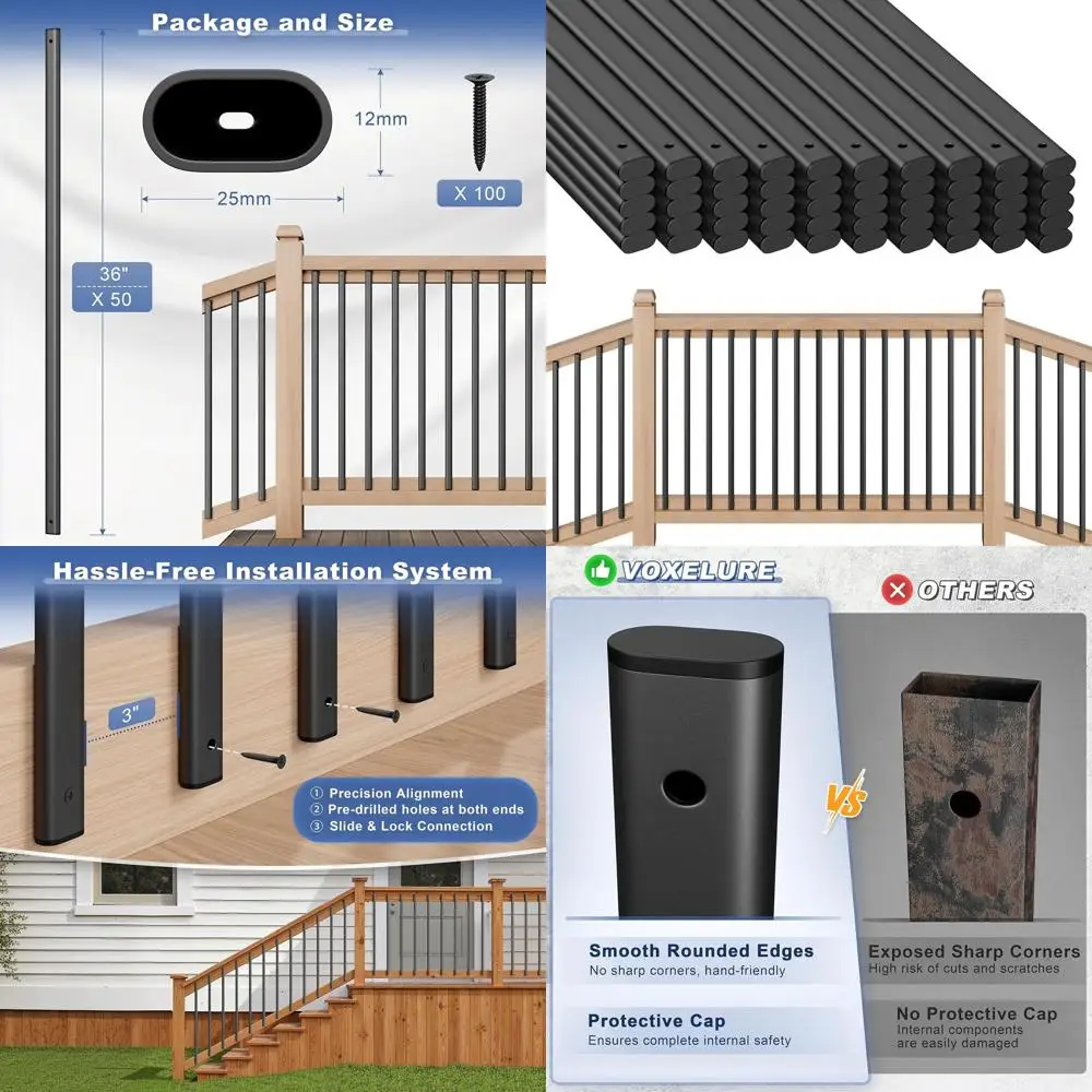 36 Black Metal Deck Balusters, 50-Pack, Hollow for Stair and Porch Railing, Outdoor-Friendly, 1.5mm Thick