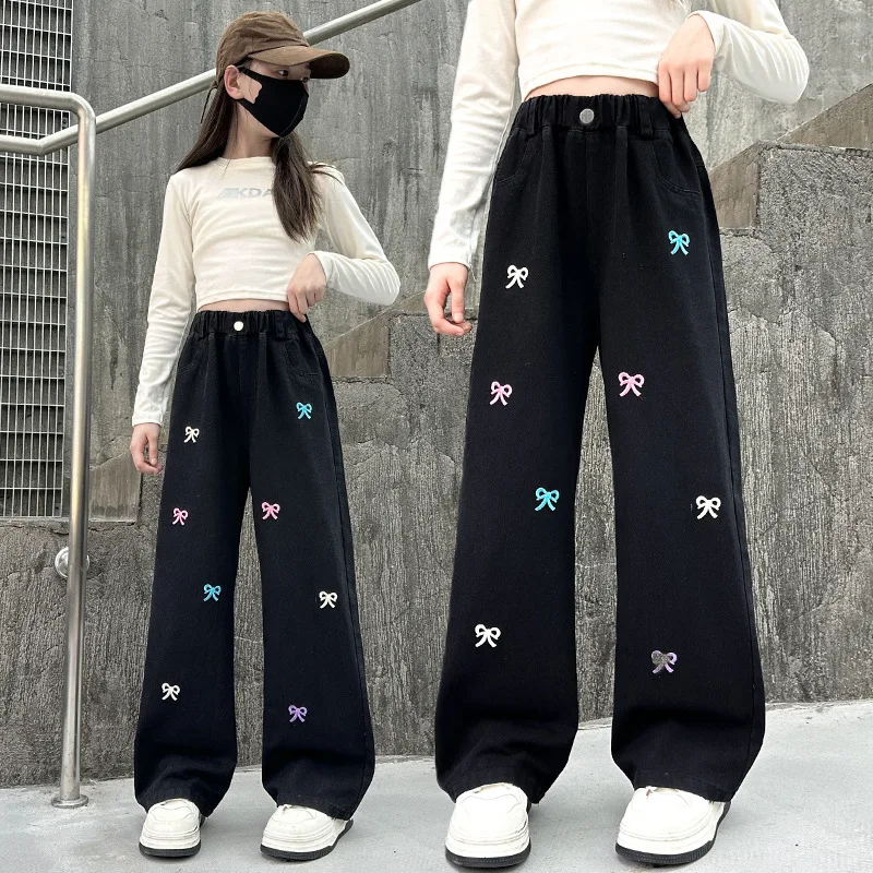 Girls\' Jeans Spring Autumn Korean Casual Bow Embroidery Denim Pants Fashion Elastic Waist Trousers For Girl New Arrival Clothes