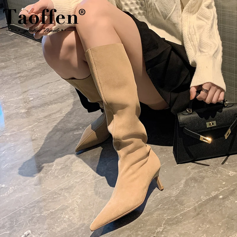 Taoffen Genuine Leather Long Boots For Women Thin High Heel Winter Shoes Solid Color Fashion Casual Women Footwear Size 33-40