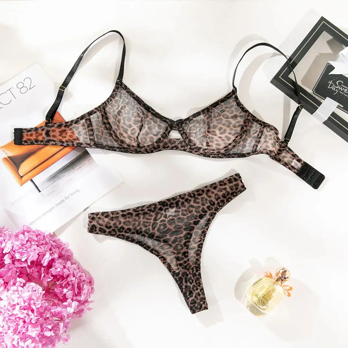 Seamless Leopard Printed Underwire Bra and Panty Set Women Underwear Lace See Through Push Up Sexy Lingerie Outfit