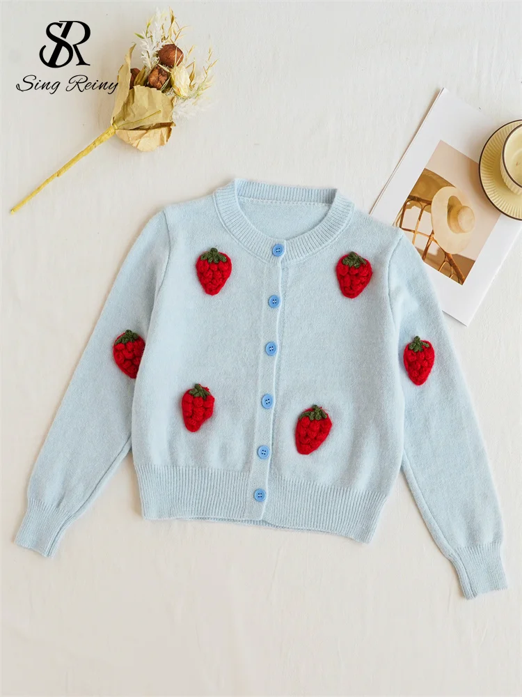 SINGREINY 2024 Fashion 3D Sweater Cardigan Female O-Neck Full Sleeves Single Breasted Strawberry Design Autumn Knitted Pullovers