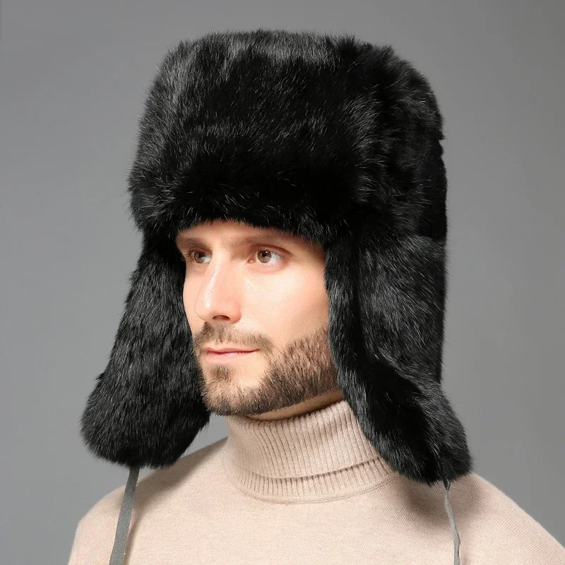 Winter Russian Man Woman Wholeskin Faux Rex Rabbit Fur Hats Luxury Faux Sheep Skin Leather Cap Fur Bomber Hat Ushanka Hats