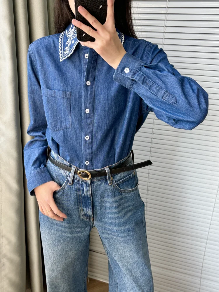 Blue Denim Shirt with Hollowed Out Embroidery Lapel Top, Women's 2025 Early Spring New Item Long Sleeve Top shirts  blouses