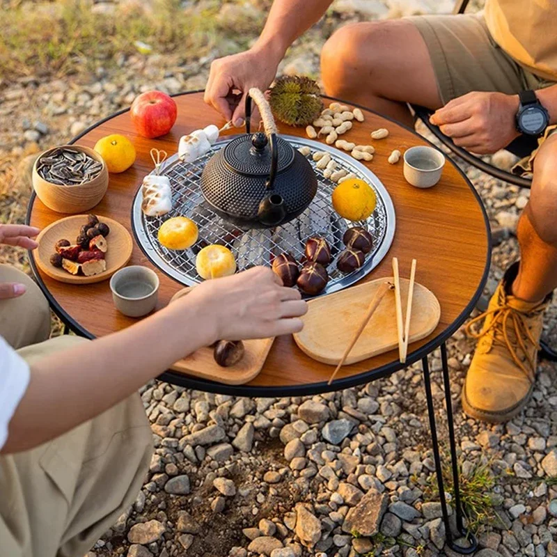 Mesa redonda plegable portátil para barbacoa al aire libre, mesa de barbacoa de carbón para acampar, estufa de patio, juego de estufa de calefacción para hacer té