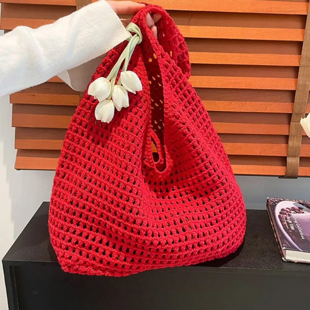 

Trendy Sweet Crochet Shoulder Bag Leisure Vacation Beach Hollow Handbag with Tulip Pendant Casual Woven Totes Bag Summer