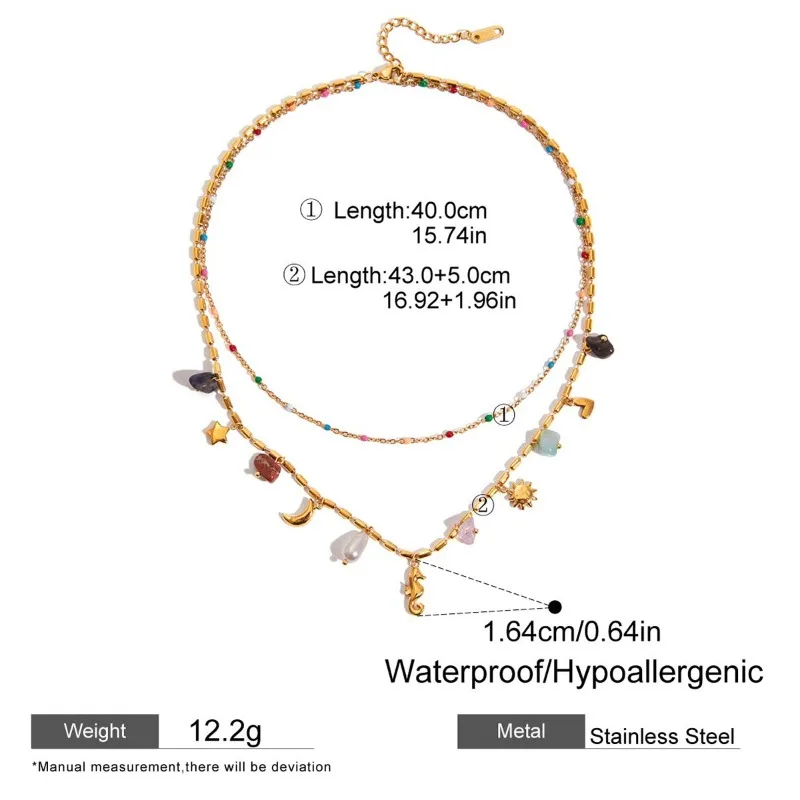 Minar Boho Irregular Natural Stone Rhinestone Faux Pearl Sea Horse Star Moon Pendant Necklaces for Women Double Layers Choker