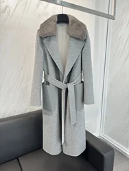 High-end Double-sided Water Ripple 100% Cashmere Coat for Women Lapel Neck Long Bathrobe Style Autumn Winter Outerwear