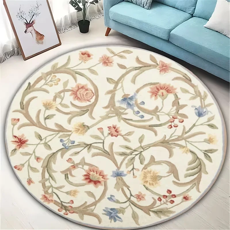Vintage Floral Round Area Rug Pastel Rose Vine Print Circular Floor Mat for Living Room Bedroom Farmhouse Home Decor