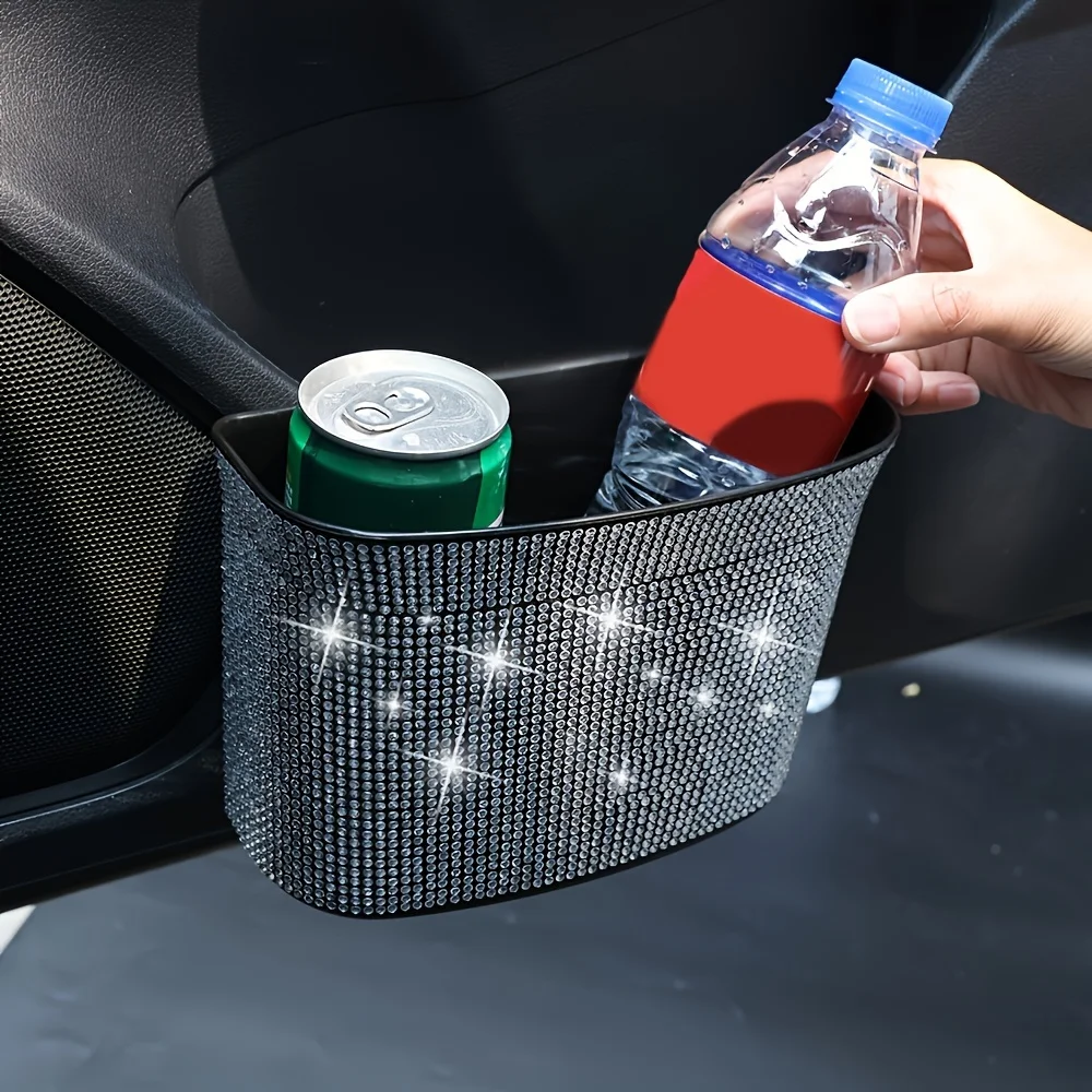 Rhinestone Crystal Car Storage Bag Trash Bin Push Can Mini Tray Dustbin Garbage Bag Door Seat Clip Stand Holder Auto Accessories