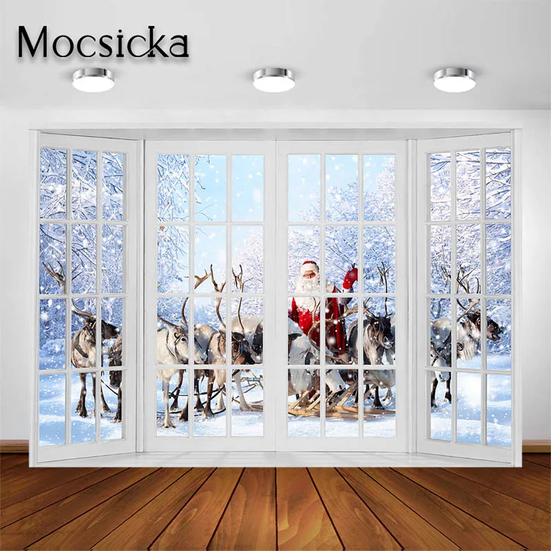 

Mocsicka Merry Christmas Backdrop Santa Elk Backdrop Family Party Kids Photo Xmas Holiday Decor Studio Props Banner Background