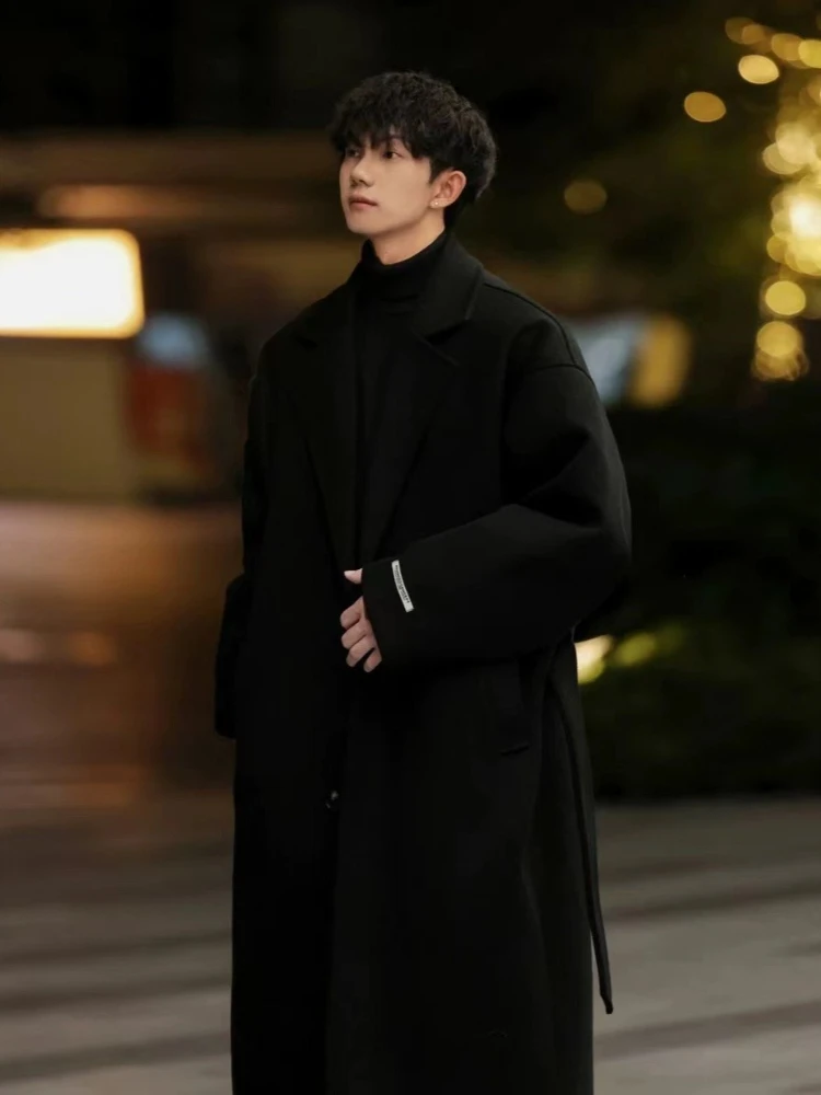 

Men's Plus Thickness Wool Coat Fall Winter New Korean Style Long Overknee Warm Trench Coat Fashionable Luxury Woolen Overcoat