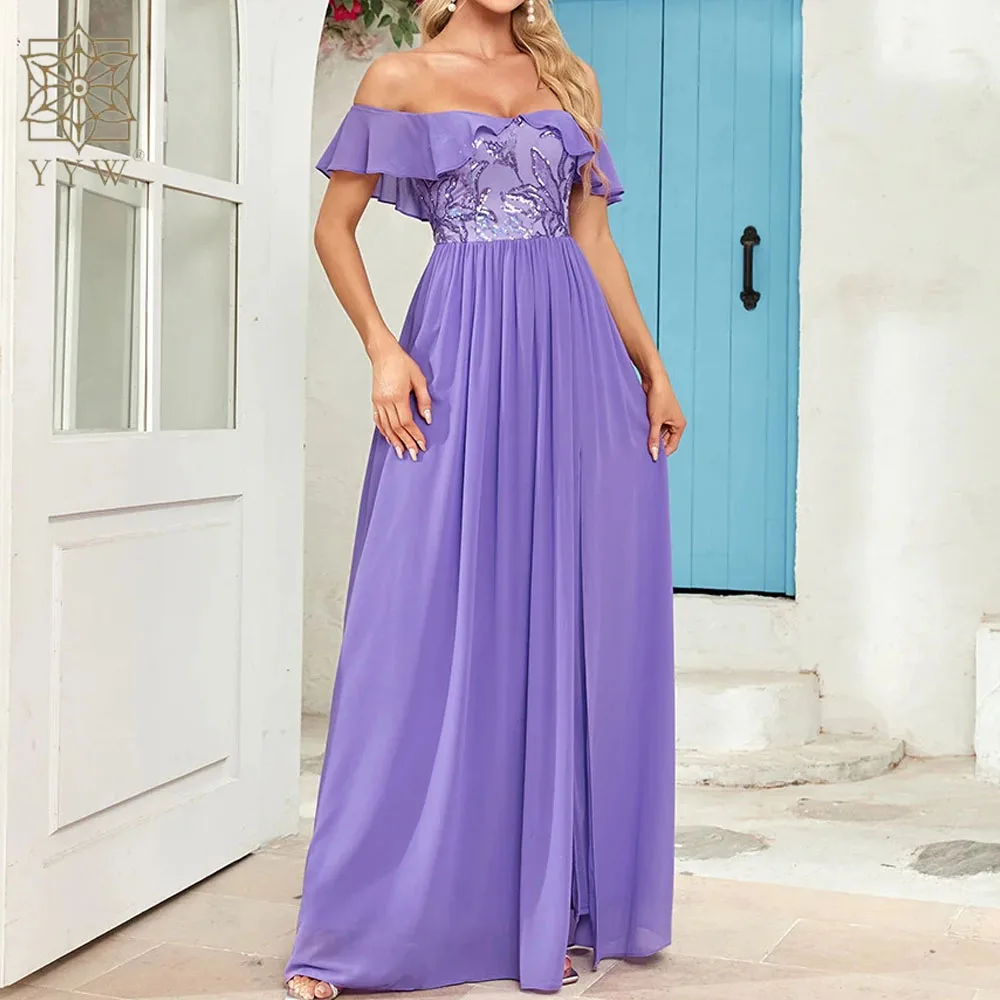 

Женское длинное вечернее платье, элегантное мягкое фиолетовое бархатное платье макси с открытыми плечами и блестками, платье для выпускного вечера, 2024