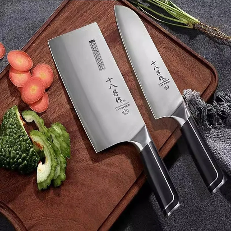 Shibazi 2PCS Kitchen Knife Cleaver Slicing 3-layers Clad Steel 8Cr13MoV Blade Chopper And Santoku Knife Meat And Poultry Tools