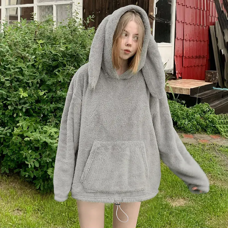 

Hooded Sweatshirts High Quality Polar Fleece Bunny Ears Women'S American Mid-Length Loose Slimming Warm Gray Hooded Sweatshirt