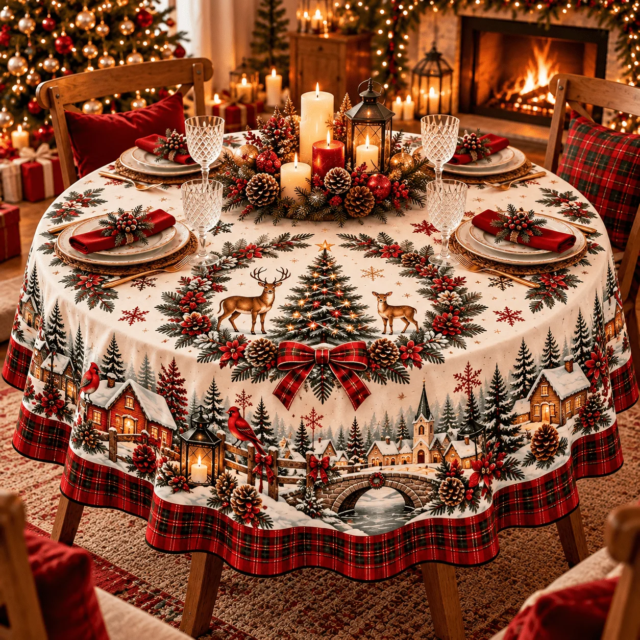 1 round tablecloth, Christmas Snow Village printed polyester tablecloth, cream white background with Christmas tree