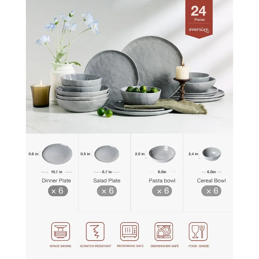 طقم أطباق وأطباق مطبخ حديثة من البورسلين تتسع لـ 6 أشخاص أواني طعام مصنوعة يدويًا بحافة مموجة مع ميكروويف أنيق باللون الرمادي ود #2