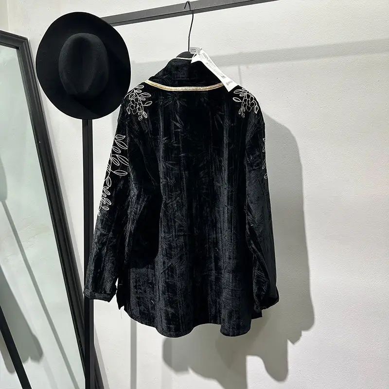 Designer Fashion Design Sense Chinese Velvet Embossed Embroidery Loose Lapel Shirt Avant-Garde Ruan Handsome Retro Top