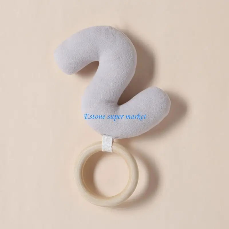 090B Wooden Teething Rings Baby Teether Handbell Handheld Rings with Cotton Stuffed Toy Pill-Resistant Infant Teether Toy