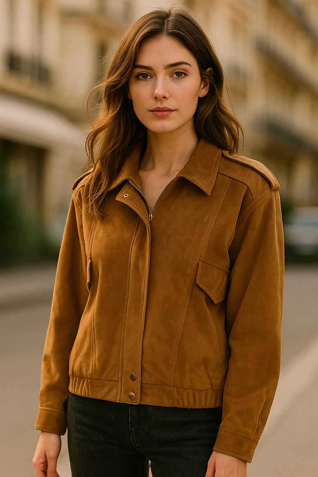 

Женская куртка-бомбер из искусственной замши в стиле ретро — осенне-зимнее теплое пальто с карманами и молнией спереди