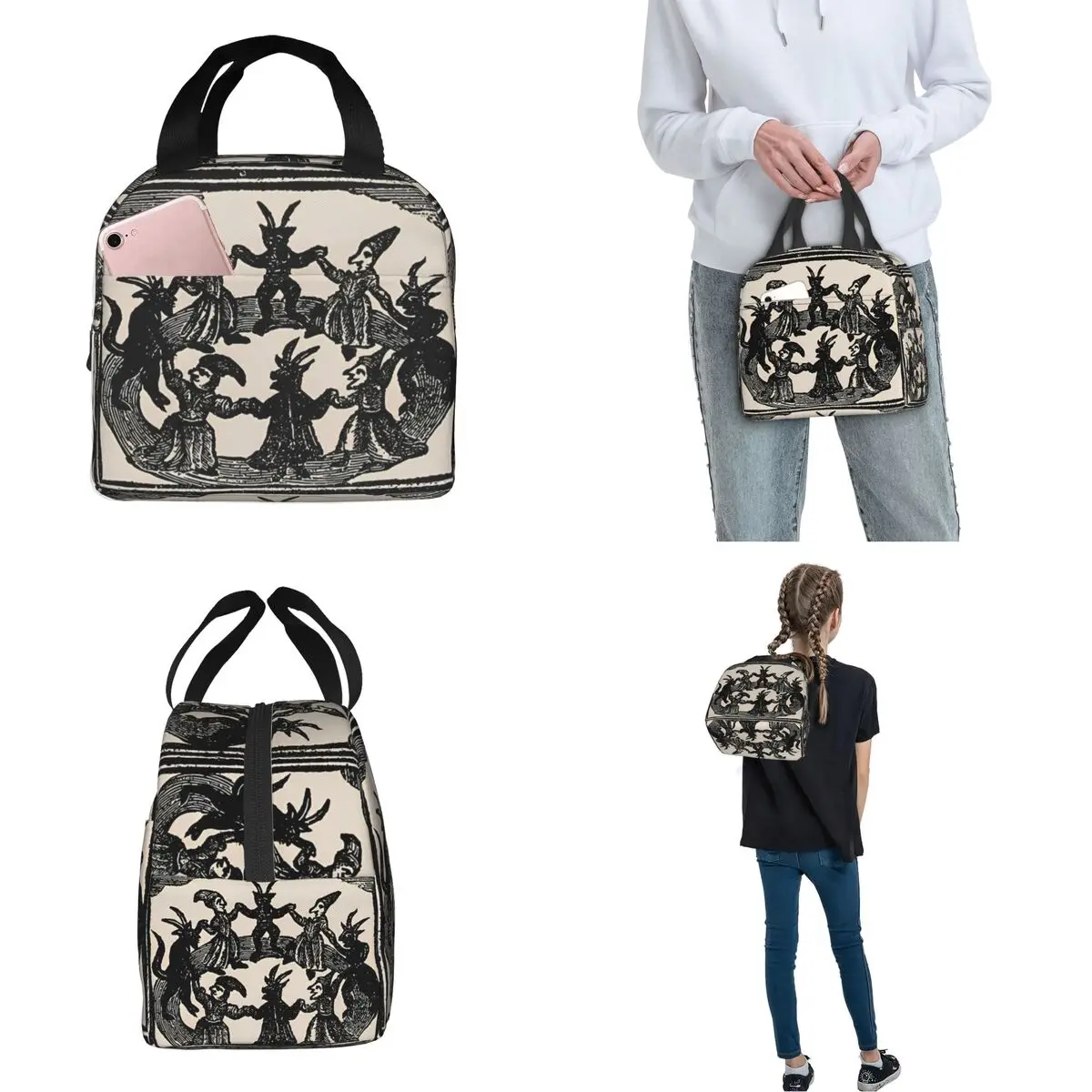 Bruxas Dança Circular Isolados Lunch Bags, Saco Térmico Portátil, Tote Lunch Box, Viagem Lunch Container, Menina e Menino, Weekend Fever Dream