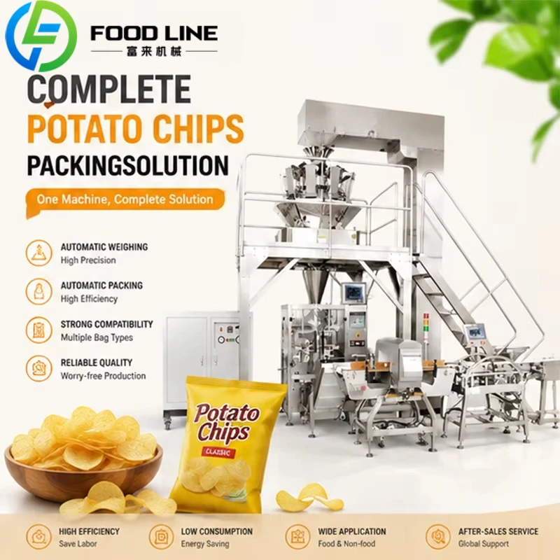 Servo Driven Snacks VFFS Packaging Machine Optional Secondary Case Sealing High Capacity Potato Chips Packaging Line customize