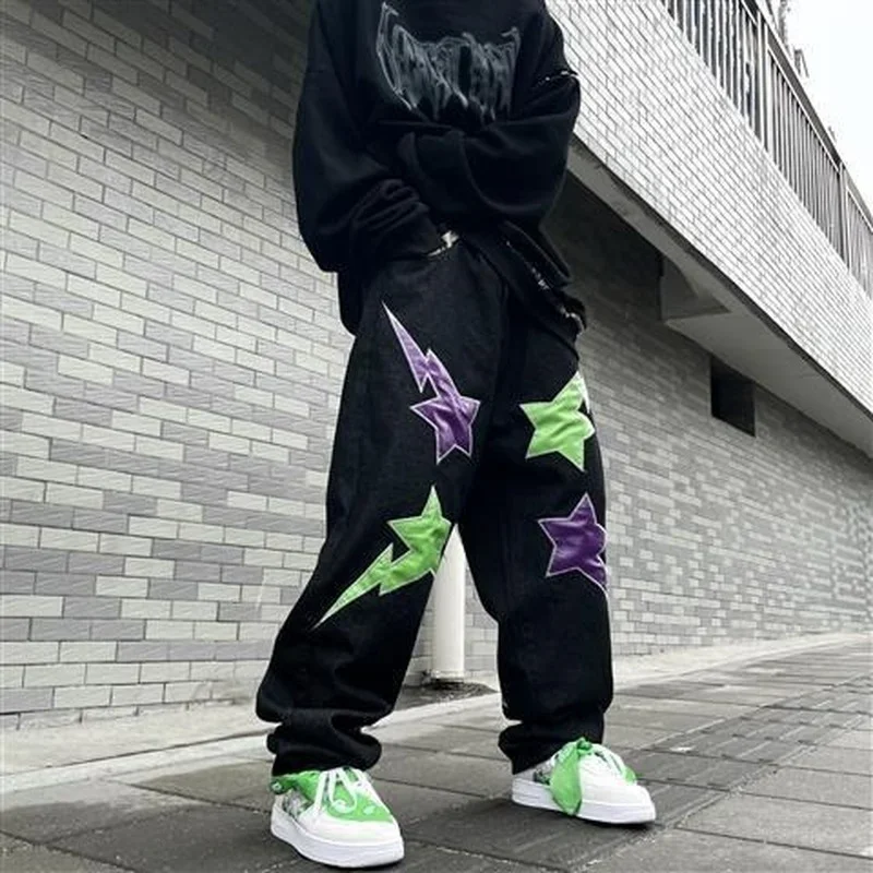 

New Fashion Jeans Women/Men Trend National Tide Hip Hop Street Lightning Five-pointed Star Patch Loose Casual Wide-leg Hiphop