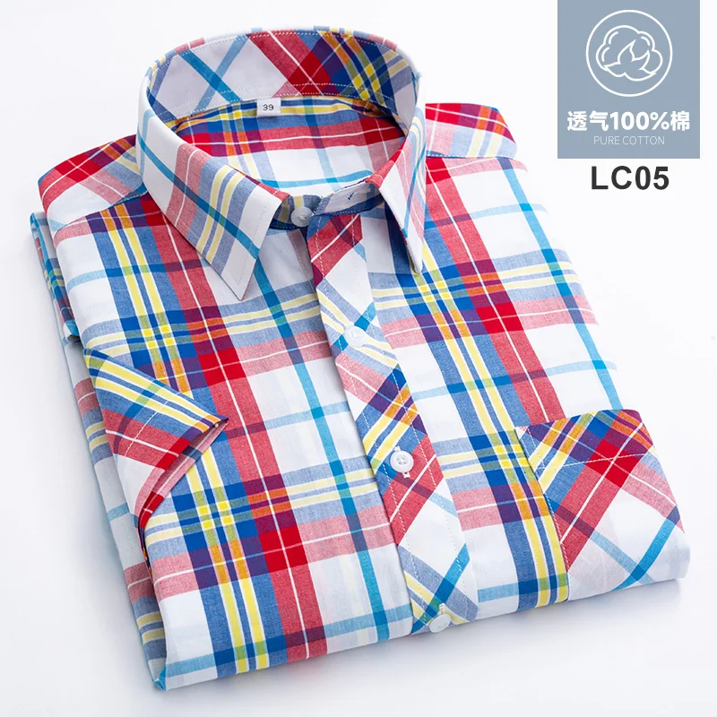 Fashion Korean Popular Clothes 100%cotton Short Sleeve Shirts for Men Slim Fit Casual Plain Shirt Thin Plaid Hawaiian Soft Tops