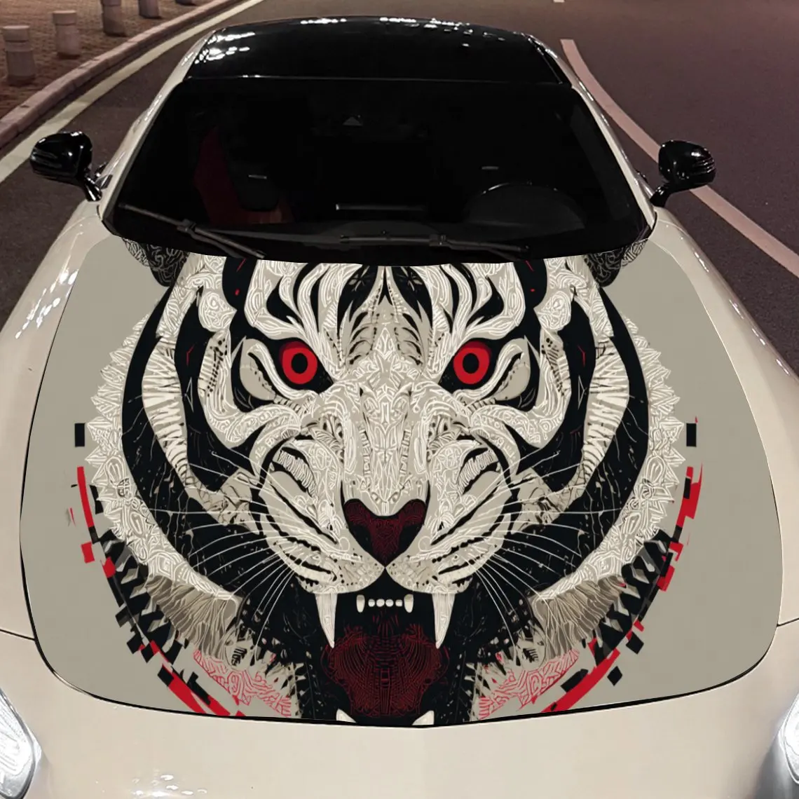 Black-and-White Striped Angry Tiger Car Hood Vinyl Stickers Car Surface Protection Decal Car Decoration Cover Vinyl Wraps Waterp