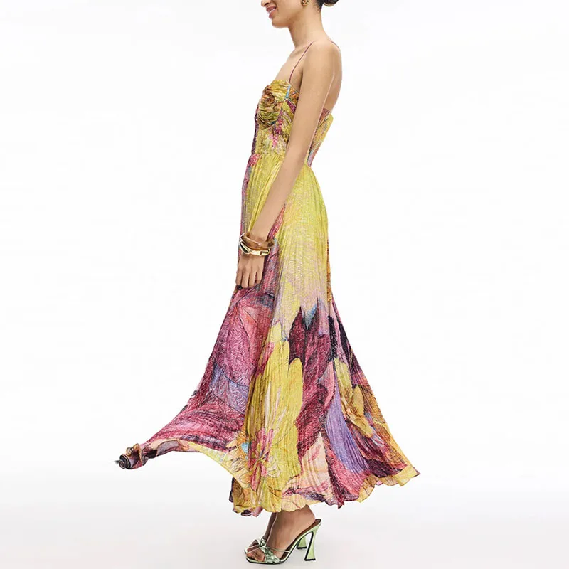 Nuovo elegante abito da festa con stampa pieghettata senza maniche Moda donna Abiti a vita alta vuoti Abiti 2025 Abito estivo sexy con fionda Boho