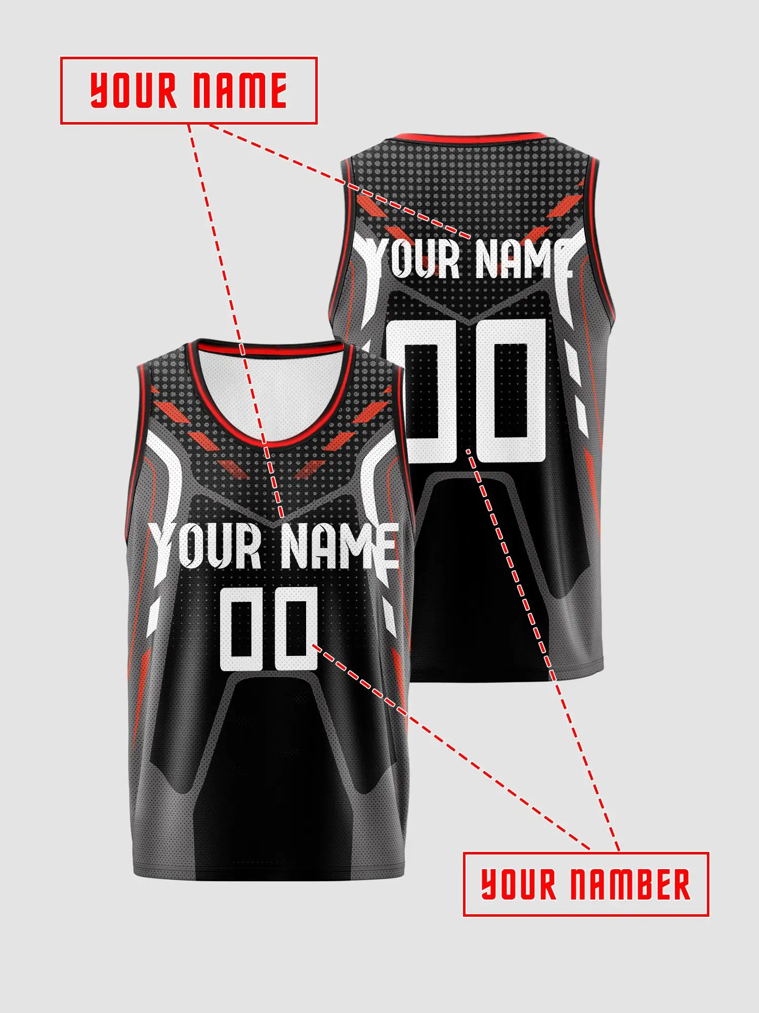 Black‑Grey‑Red Geometric Print Custom Kids Basketball Jersey, Stylish Breathable Mesh Game Tank With Personalized Prints