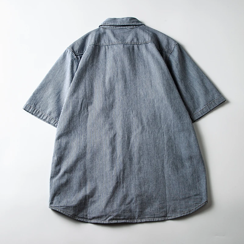 American Retro Pure Cotton Short Sleeve Denim Striped Workwear Shirt Couple Style Side Pocket Outerwear Trendy Khaki
