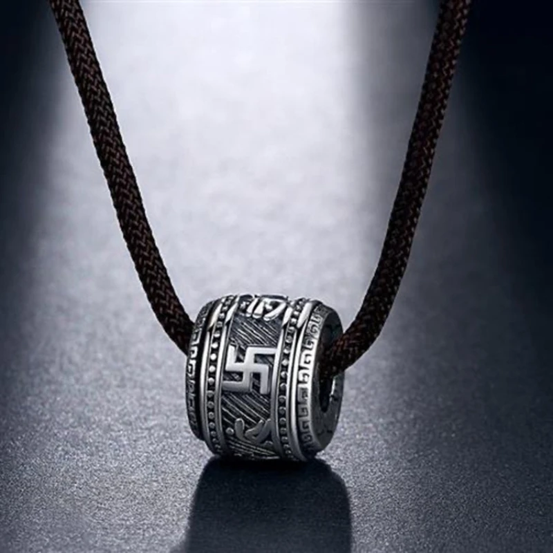 Silver Rotating Bead Pendant Men's Six Character Proverbs Necklace Retro Jewelry Couple Men's Versatile Sweater Chain Jewelry