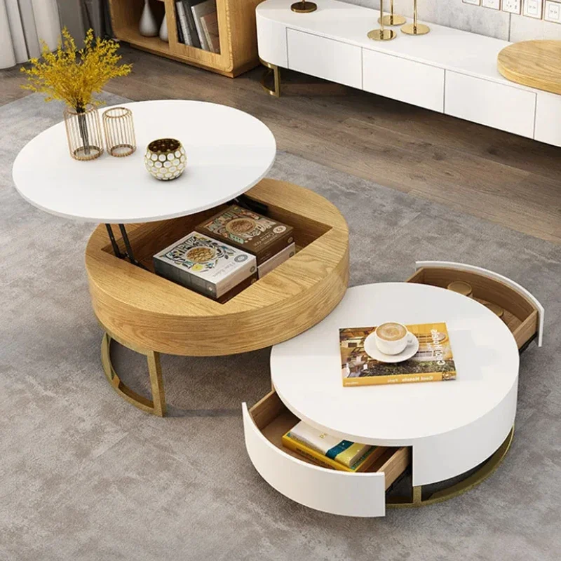 

Multifunction Nordic Coffee Table Luxury Storage Floor Designer Side Table Round Wood Mesa De Centro Elevable Home Furniture