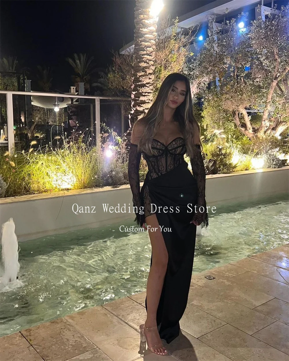 Qanz Sexy Dress Party Night Black Lace Long Sleeves Evening Dresses High Slit Satin Mermaid Birthday Dresses Luxury Customized