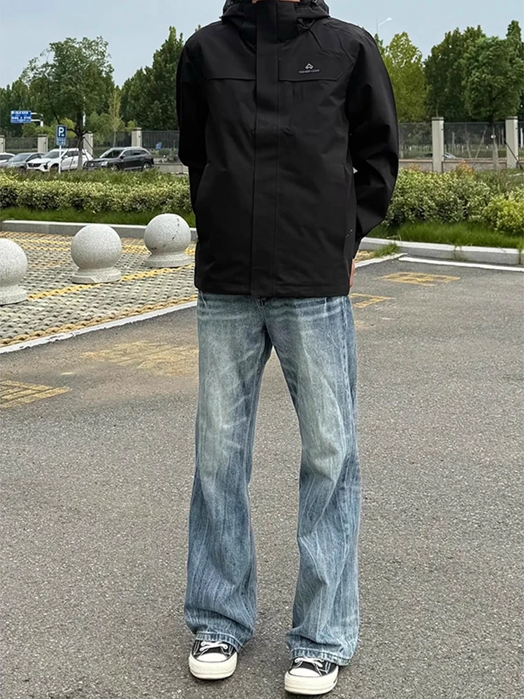 

Cleanfit American Waed Blue Lightning Pattern Men's Slim Straight Jeans High Street Vibe Casual Youthful Straight Leg Jeans