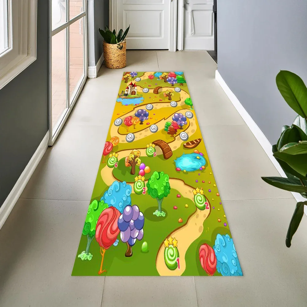Cartoon Game Clearance Printed Carpet Road Trees Houses Candy Pond Design for Children Room Educational Fun Rug Playmat