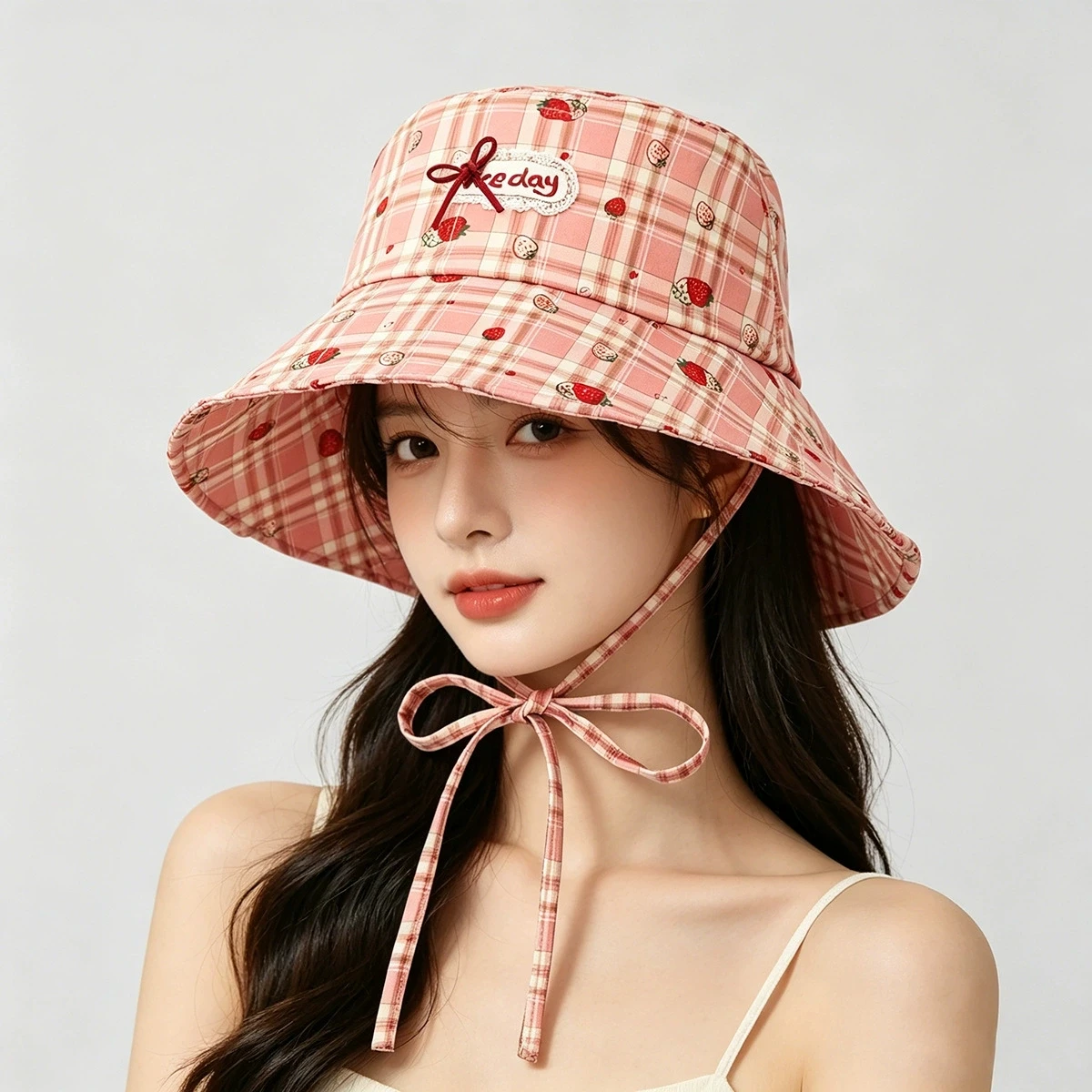 Korean Sweet Strawberry Plaid Bucket Hat for Women Fashion Versatile Sun Protection Hat for Spring and Summer