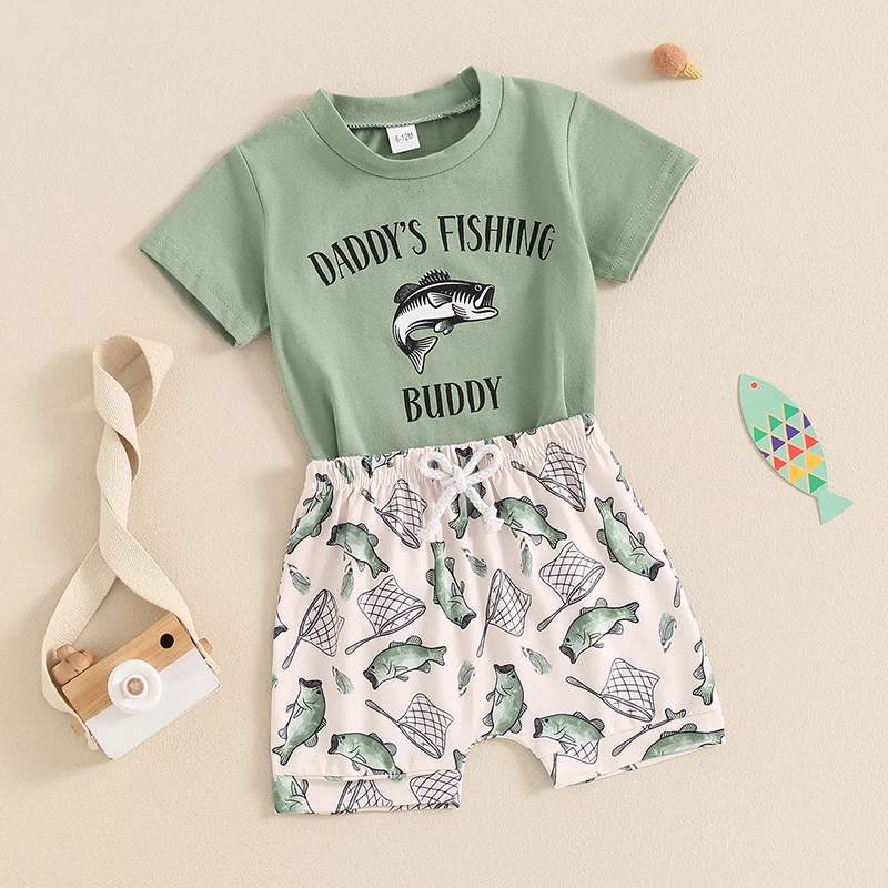 Baby Boys Summer Outfits Letter Print Short Sleeves T-Shirt and Elastic Fish Print Shorts Set for 2 Piece Clothes Set