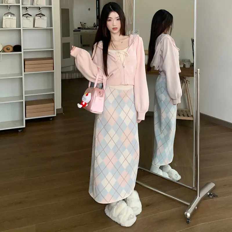 3 Pcs Women Sets Sweet Pink Plaid Midi Skirts Gentle Hooded Leisure Zip-up Coats Cropped Y2k Hot Girl Bow Design Camis Elegant